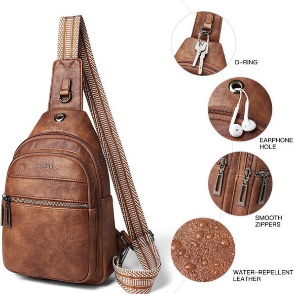 LATMAP Sling Bag Women's  Fanny Pack Faux Leather  Backpack Brown NWT - Picture 2 of 13